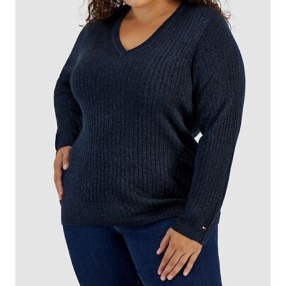 Tommy Hilfiger Metallic Ribbed‎ Sweater M Y2K Navy Sparkle V-Neck Glitter Knit